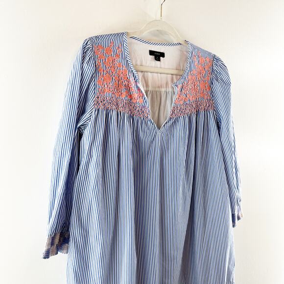 J. Crew Leda Popover Embroidered Striped 3/4 Sleeve Cotton Mini Dress Blue Small - Picture 4 of 9